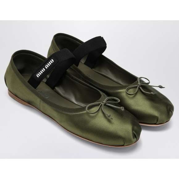 Miu Miu Satin Oliva Green Black White Logo Strap Ballet Ballerina Flats 37.5 - Picture 5 of 16